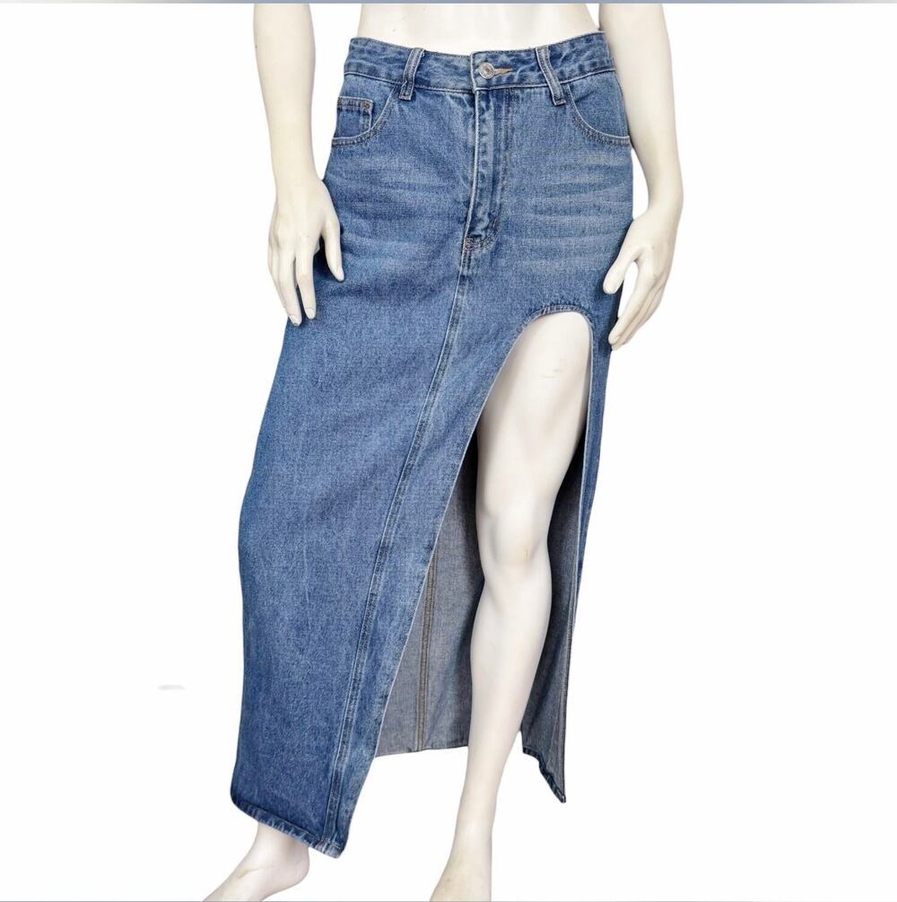 Vintage Blue Denim Front Slit Maxi Skirt